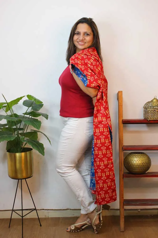 Red And Blue Ikat Pure Cotton Reversible Long Jacket