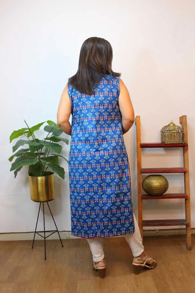 Red And Blue Ikat Pure Cotton Reversible Long Jacket