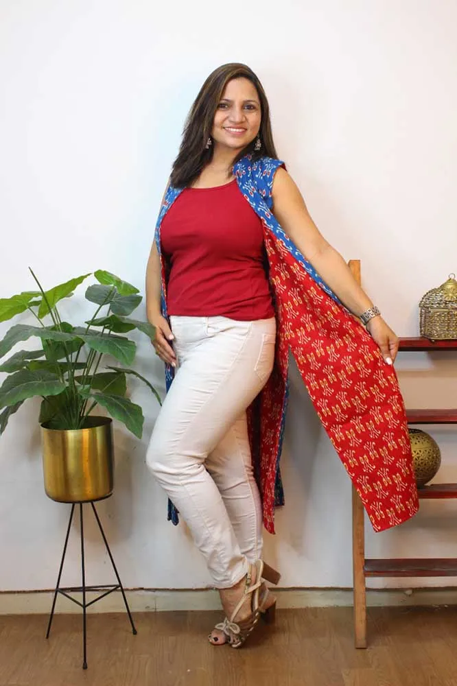 Red And Blue Ikat Pure Cotton Reversible Long Jacket