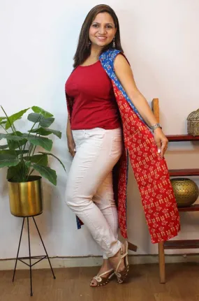 Red And Blue Ikat Pure Cotton Reversible Long Jacket