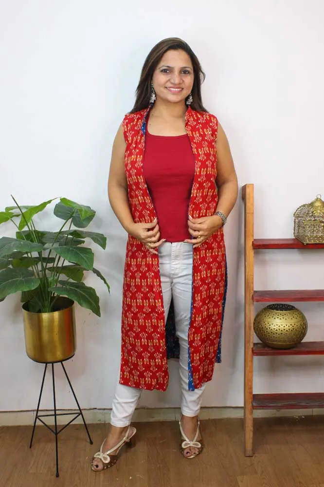 Red And Blue Ikat Pure Cotton Reversible Long Jacket