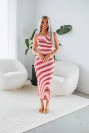 Red and White Striped Midi Dress