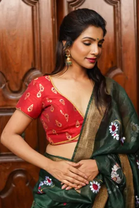 Red brocade with gold motif  deep V neck blouse