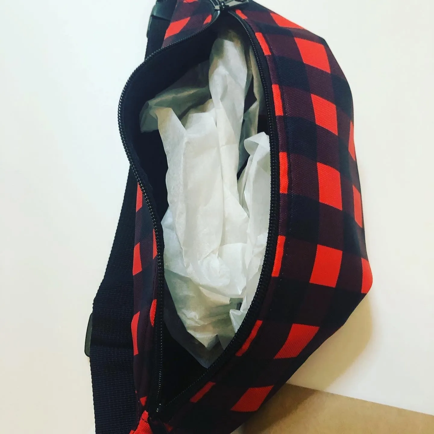 Red Buffalo Fanny Pack, Plaid Print Canadian Style Belt Bag Fanny Pack Belt Waist Bag- Made in USA/EU