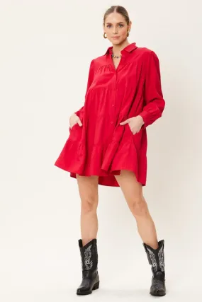 Red Button Down Tiered Shirt Mini Dress