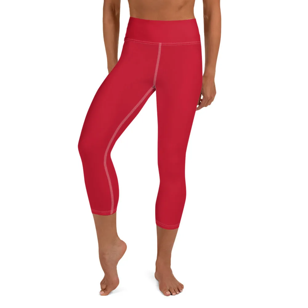 Red Capris Women's Tights, Best Solid Red Color Print Women's Designer Yoga Capri Leggings Pants- Made in USA/ EU