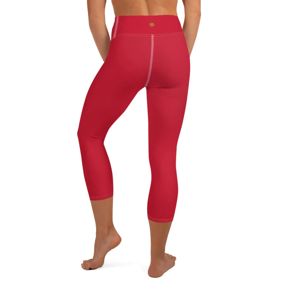 Red Capris Women's Tights, Best Solid Red Color Print Women's Designer Yoga Capri Leggings Pants- Made in USA/ EU
