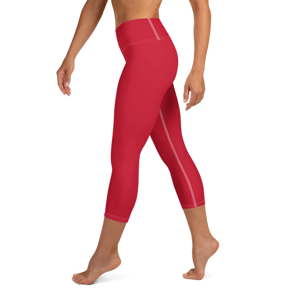 Red Capris Women's Tights, Best Solid Red Color Print Women's Designer Yoga Capri Leggings Pants- Made in USA/ EU