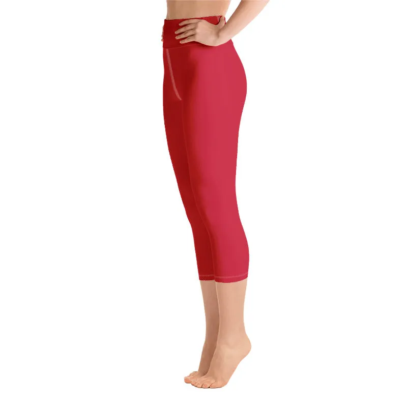 Red Capris Women's Tights, Best Solid Red Color Print Women's Designer Yoga Capri Leggings Pants- Made in USA/ EU