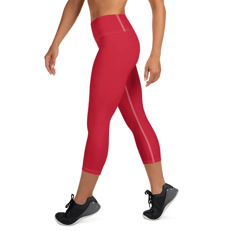 Red Capris Women's Tights, Best Solid Red Color Print Women's Designer Yoga Capri Leggings Pants- Made in USA/ EU