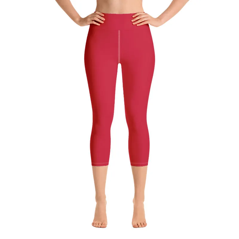 Red Capris Women's Tights, Best Solid Red Color Print Women's Designer Yoga Capri Leggings Pants- Made in USA/ EU