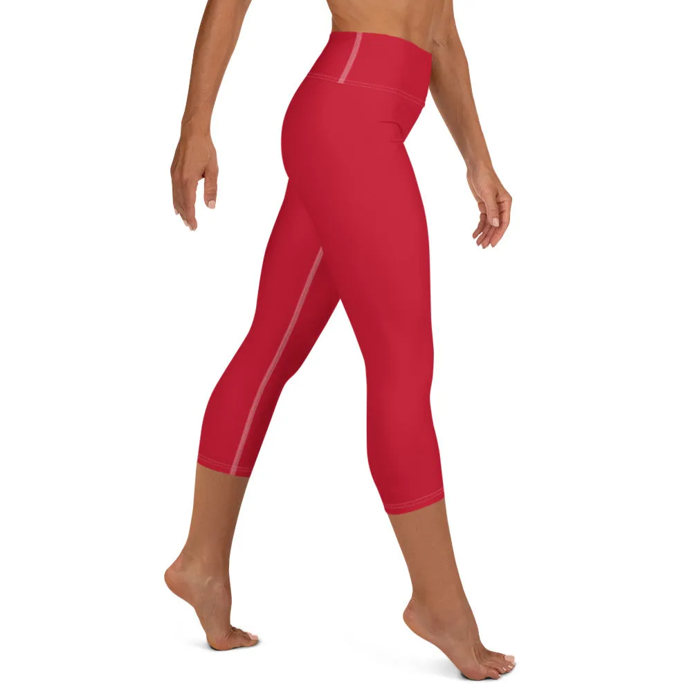 Red Capris Women's Tights, Best Solid Red Color Print Women's Designer Yoga Capri Leggings Pants- Made in USA/ EU