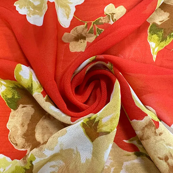 Red Floral Print Poly Chiffon Fabric