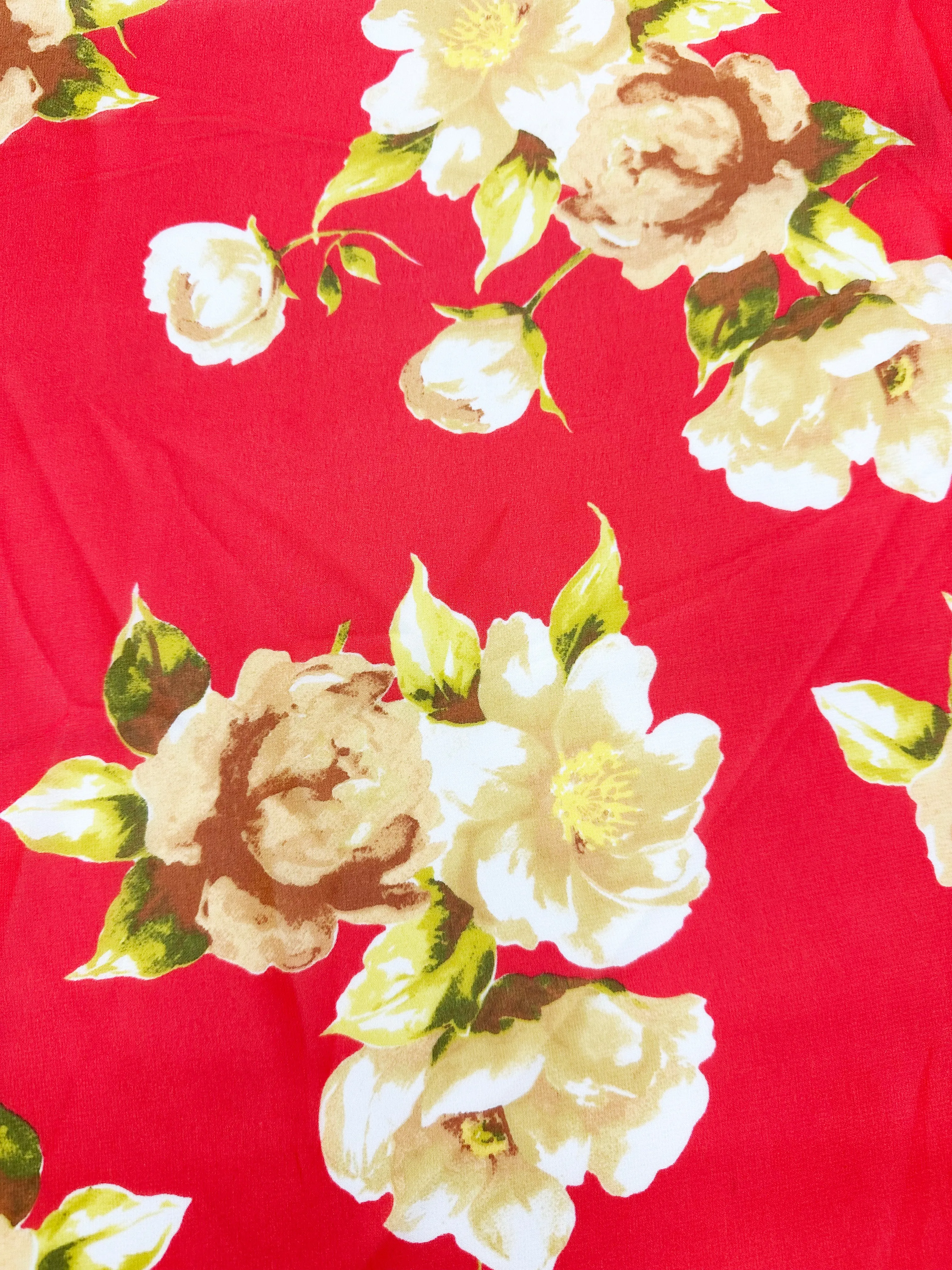 Red Floral Print Poly Chiffon Fabric