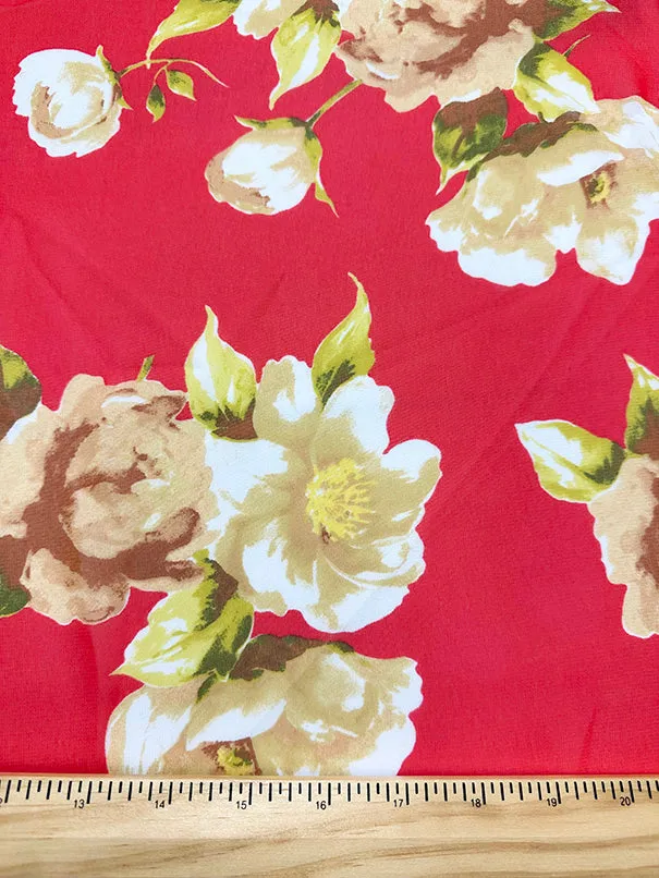 Red Floral Print Poly Chiffon Fabric