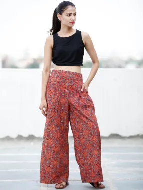 Red Indigo Ivory Ajrakh Hand Block Printed Semi Elasticated Waist Pleated Cotton Palazzo - P11F705
