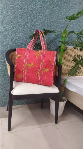Red Jute Handblock Printed Quilted Tote Bag Without Zip