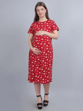 Red Knitted Cotton Maternity Loungewear Dress