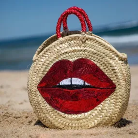 Red Lips Round Straw Bag