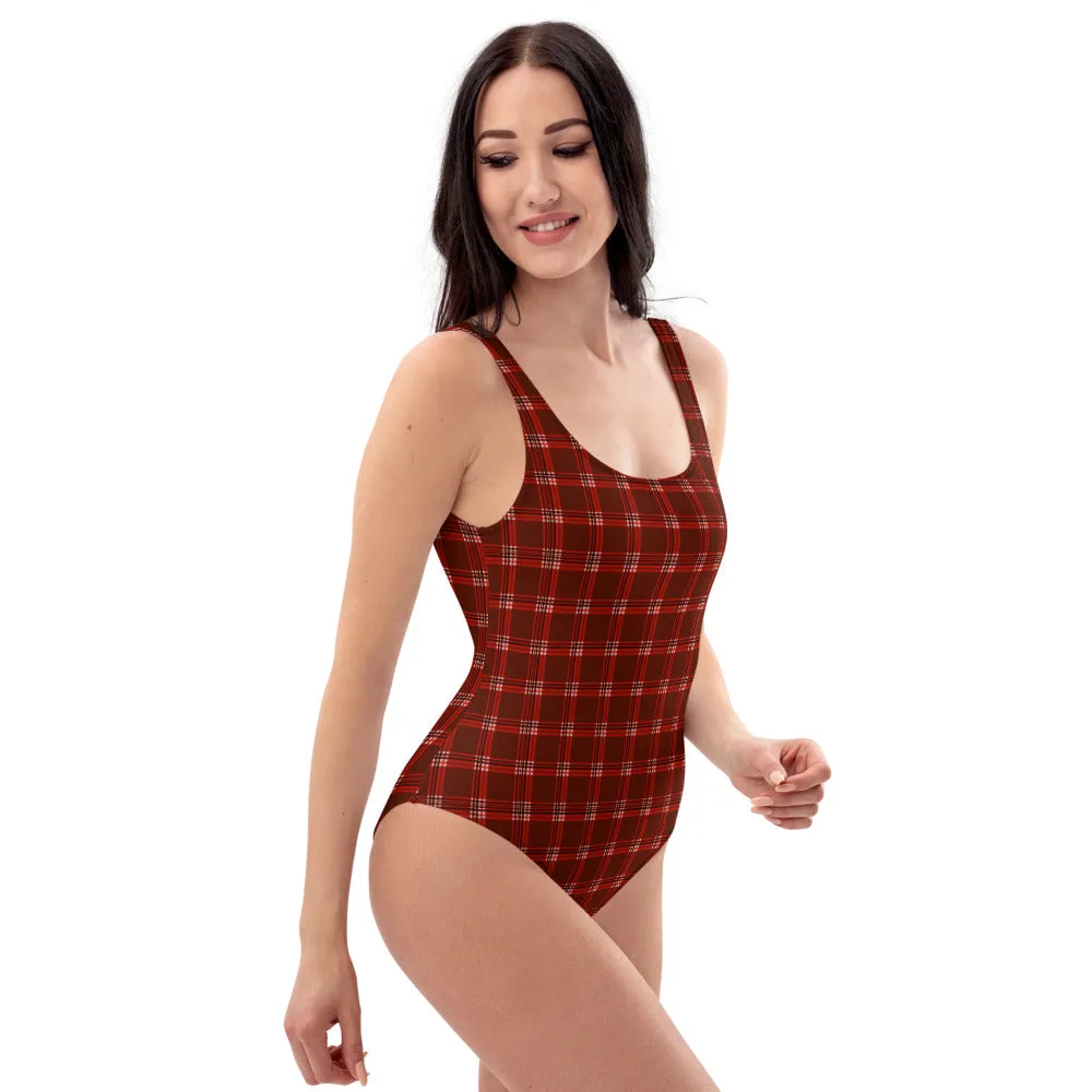 Red Plaid Print Women's Swimwear, Classic Designer One-Piece Swimsuit-Made in USA/EU