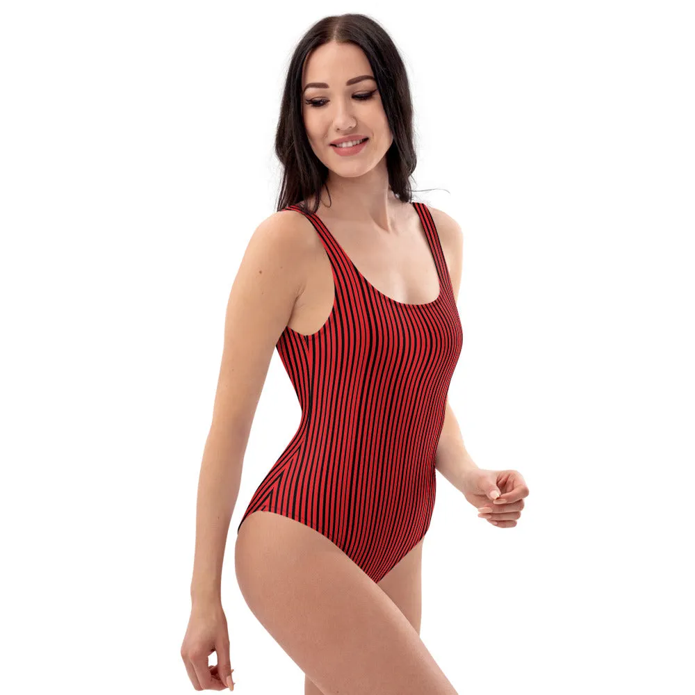 Red Striped Women's Swimwear, Modern Designer One-Piece Swimsuit- Made in USA/EU