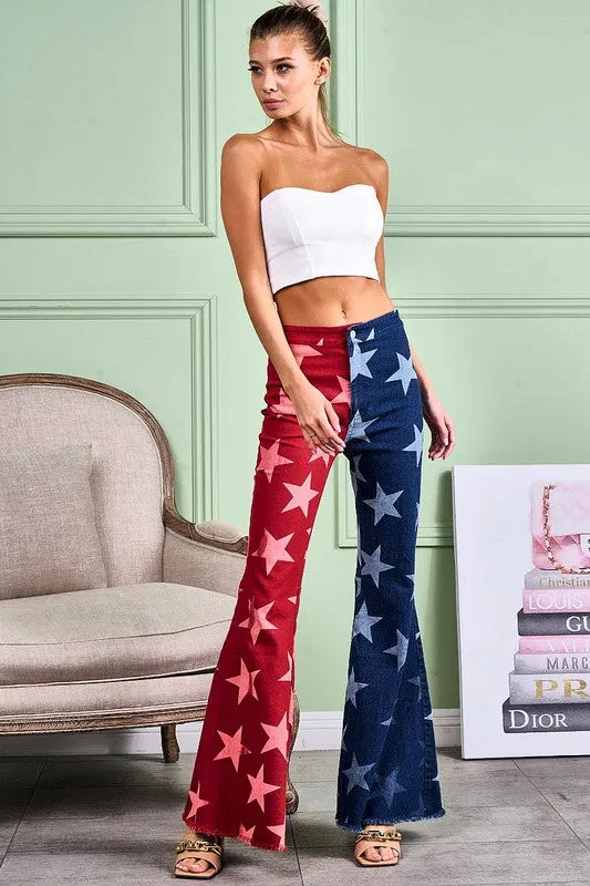 Red/Navy Star Print Bell Bottom Denim Pants