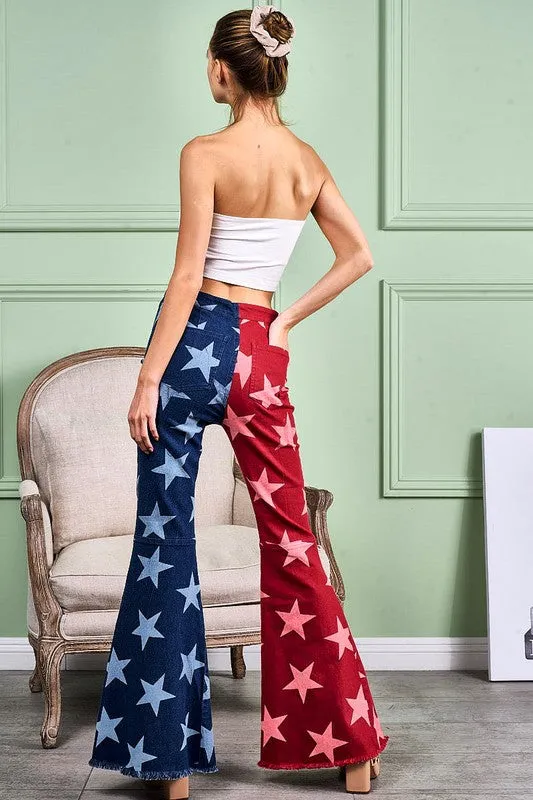 Red/Navy Star Print Bell Bottom Denim Pants