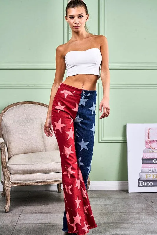 Red/Navy Star Print Bell Bottom Denim Pants
