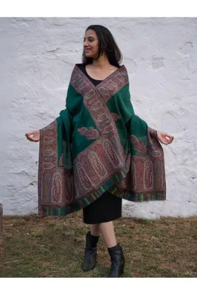 Regal Statement. Exclusive Soft Jamavar Design Kashmiri Shawl - Emerald Green