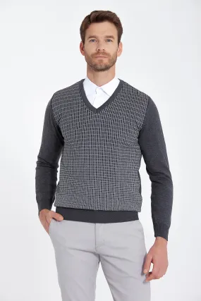 Regular Fit Patterned Cotton Blend Brown & Beige V-Neck Sweater, Charcoal - Gray