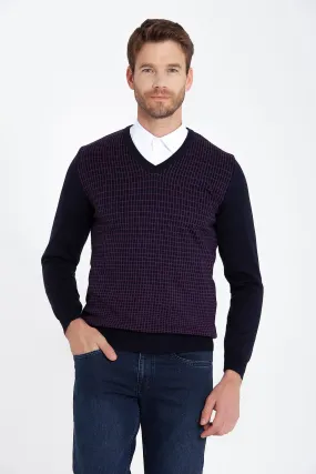 Regular Fit Patterned Cotton Blend Brown & Beige V-Neck Sweater, Navy - Light Purple