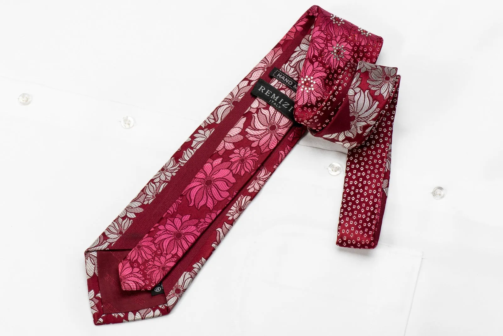 Remizio Men's Crystal Silk Necktie Floral On Red With Sparkles