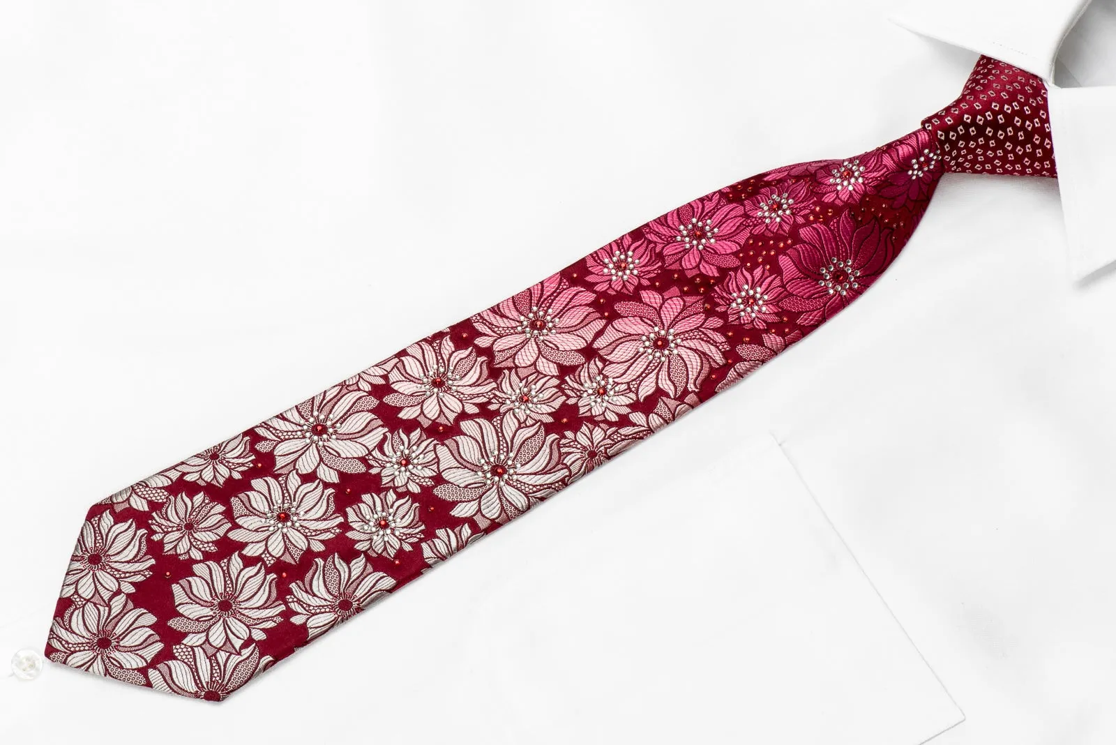 Remizio Men's Crystal Silk Necktie Floral On Red With Sparkles