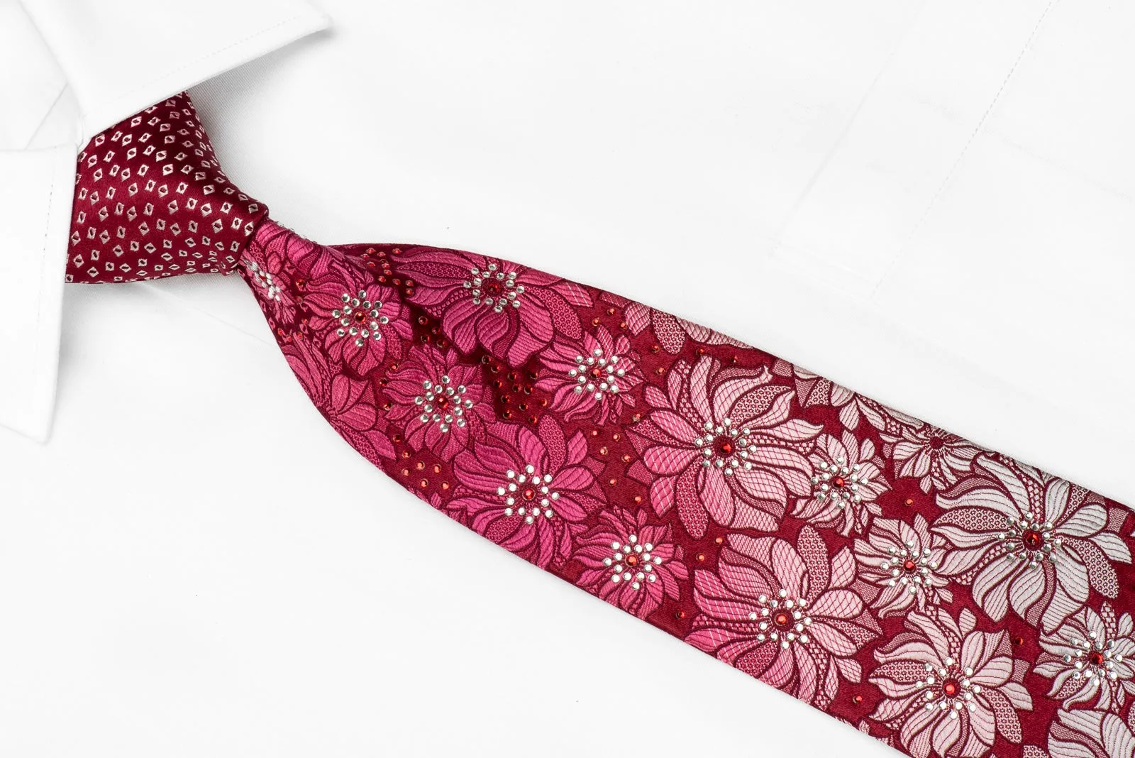 Remizio Men's Crystal Silk Necktie Floral On Red With Sparkles