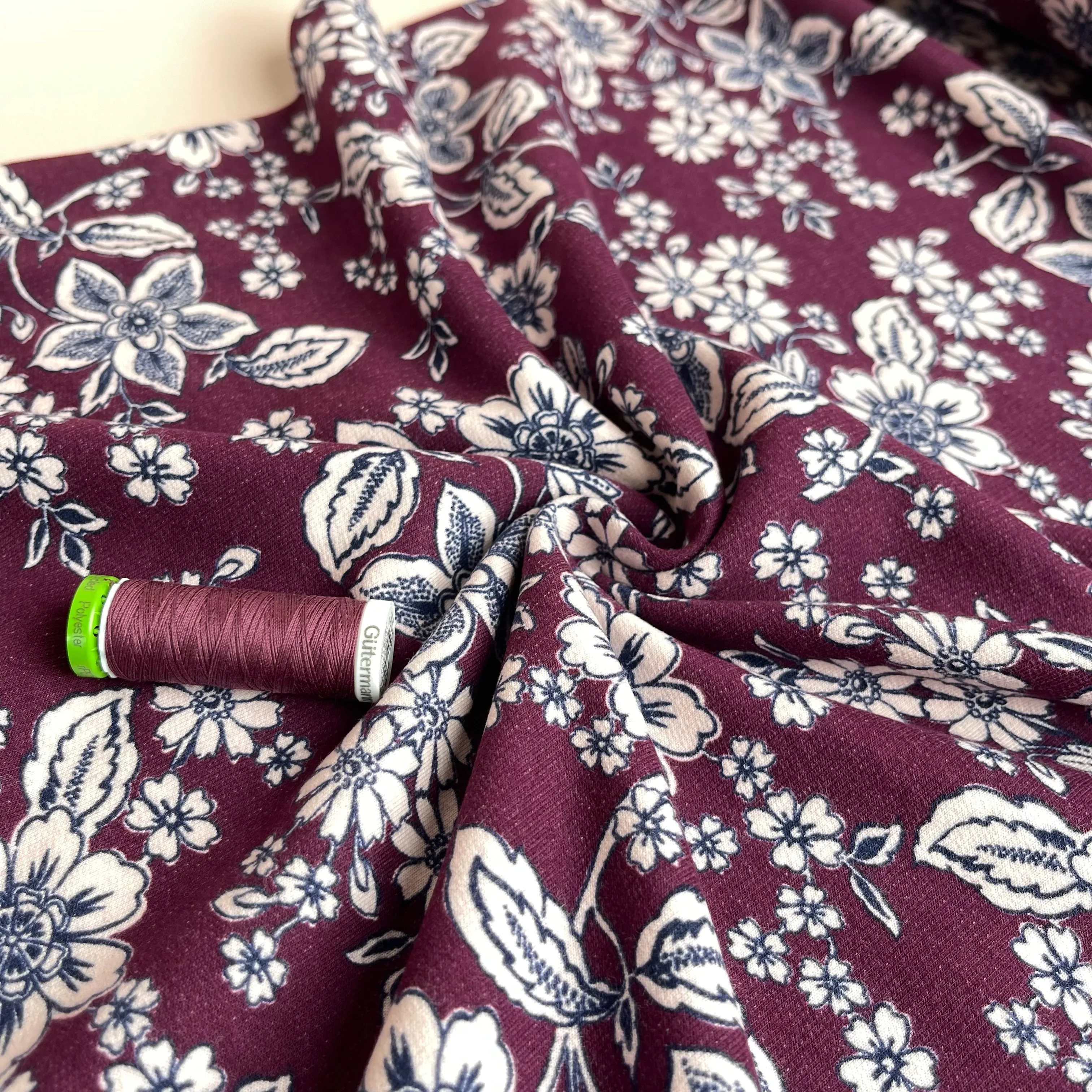 REMNANT 0.47 Metre - Line Flowers Berry Peach Soft Cotton Sweat-shirting Fabric