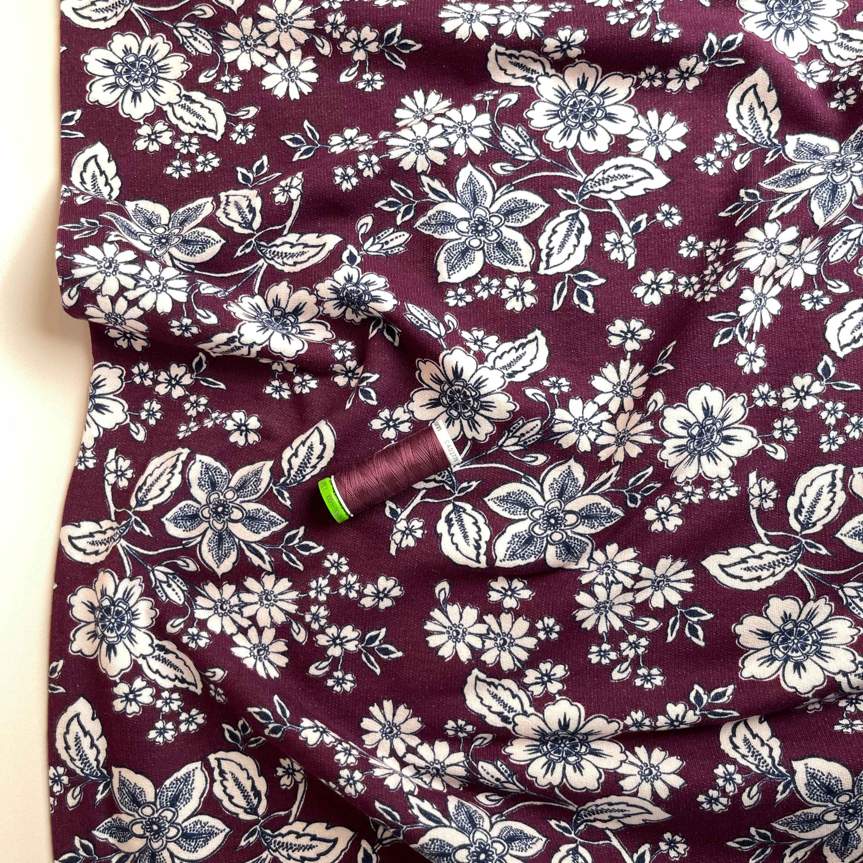 REMNANT 0.47 Metre - Line Flowers Berry Peach Soft Cotton Sweat-shirting Fabric