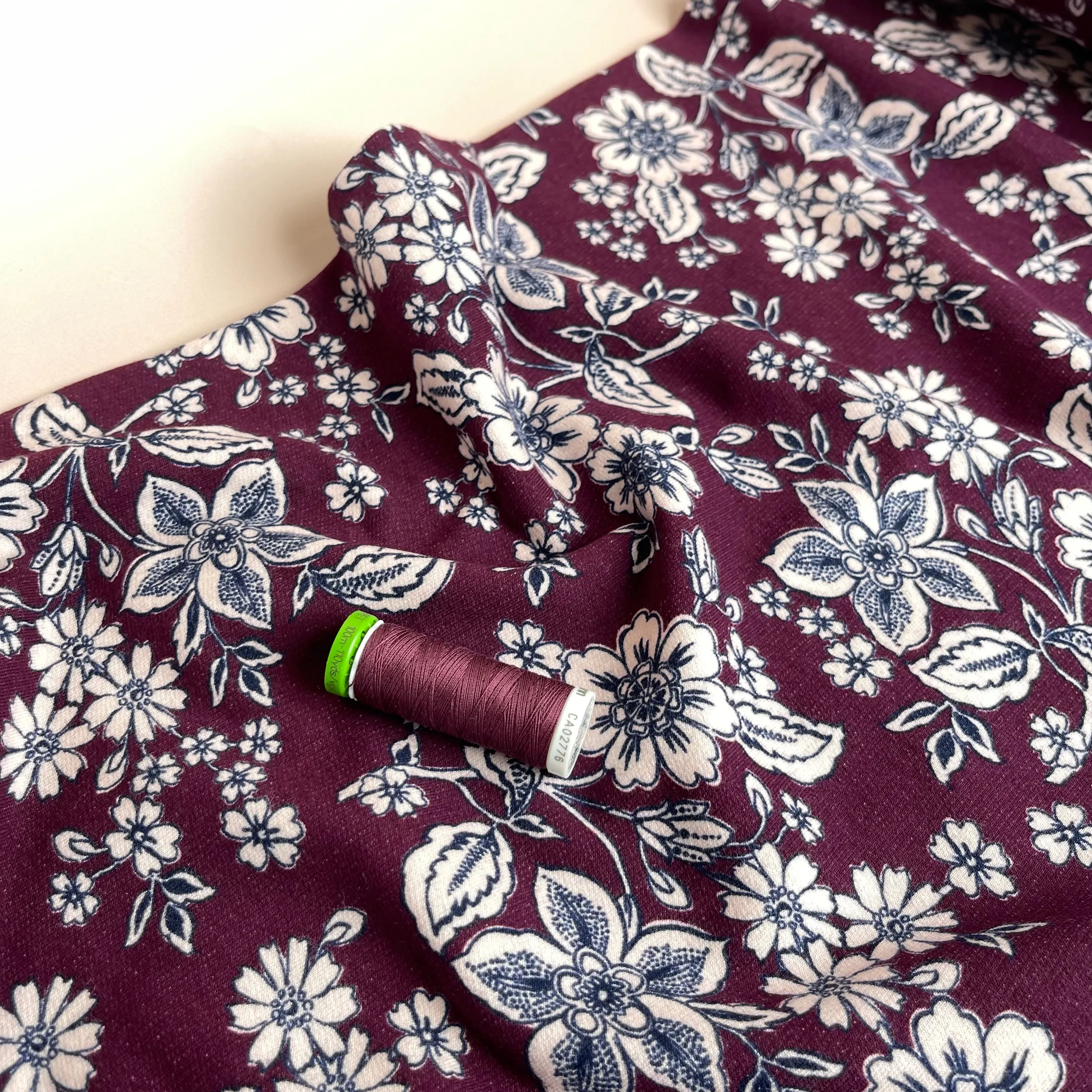 REMNANT 0.47 Metre - Line Flowers Berry Peach Soft Cotton Sweat-shirting Fabric