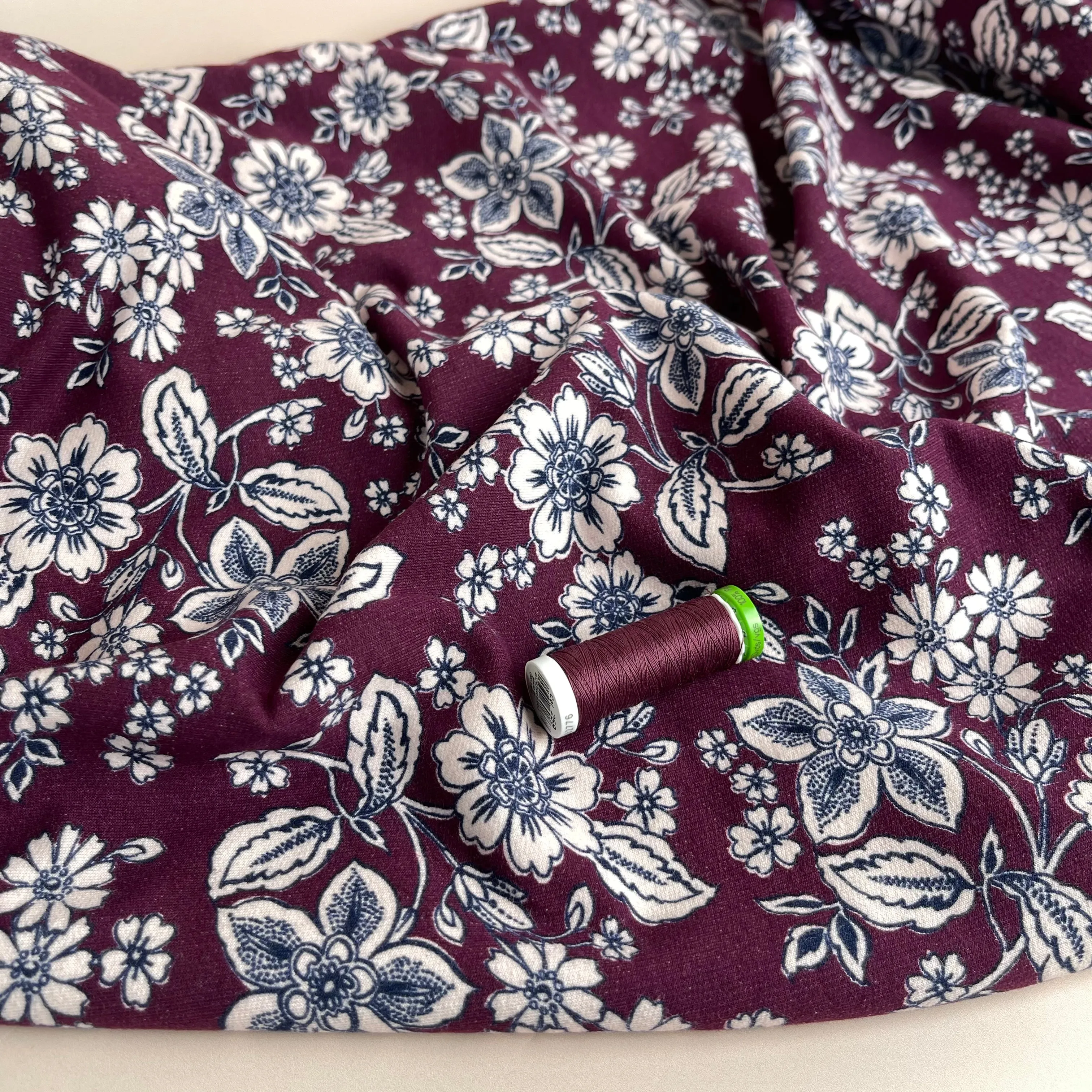 REMNANT 0.47 Metre - Line Flowers Berry Peach Soft Cotton Sweat-shirting Fabric