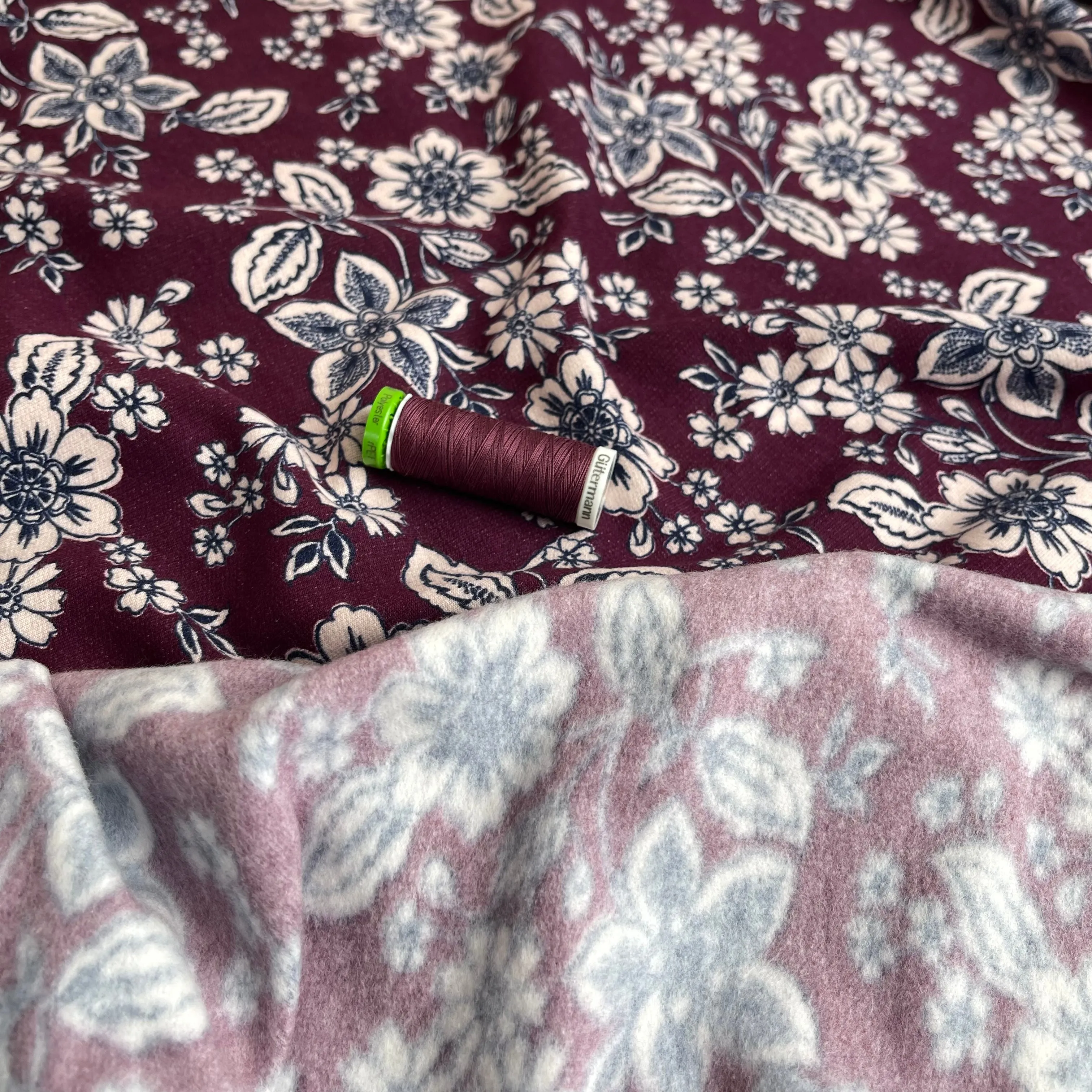 REMNANT 0.47 Metre - Line Flowers Berry Peach Soft Cotton Sweat-shirting Fabric