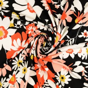 REMNANT 1.05 Metres (with test hole 18cm)   0.95 Metre -Blooms on Black Viscose Jersey Fabric