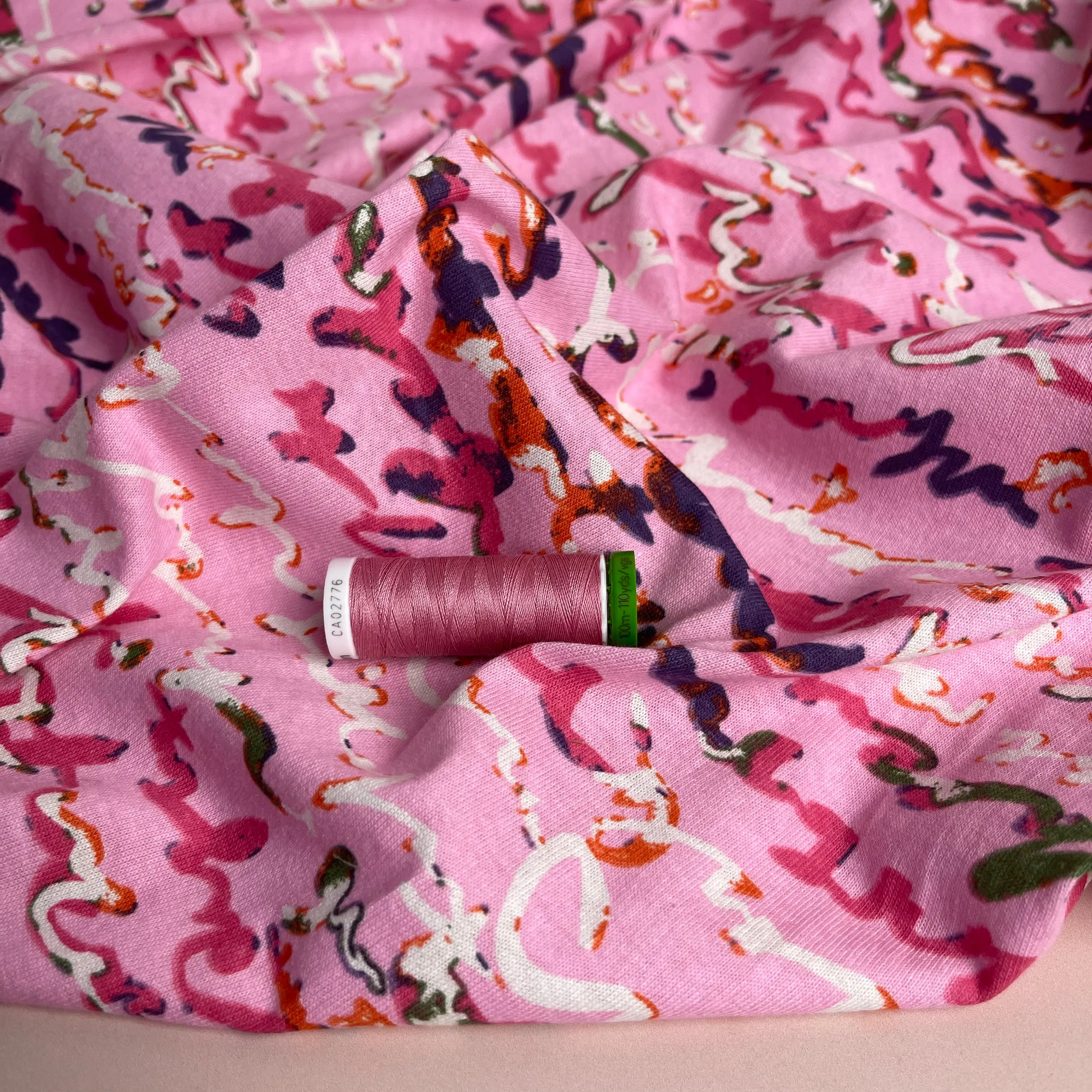 REMNANT 2.40 metres - Scribbles Pink Pure Cotton Jersey Fabric