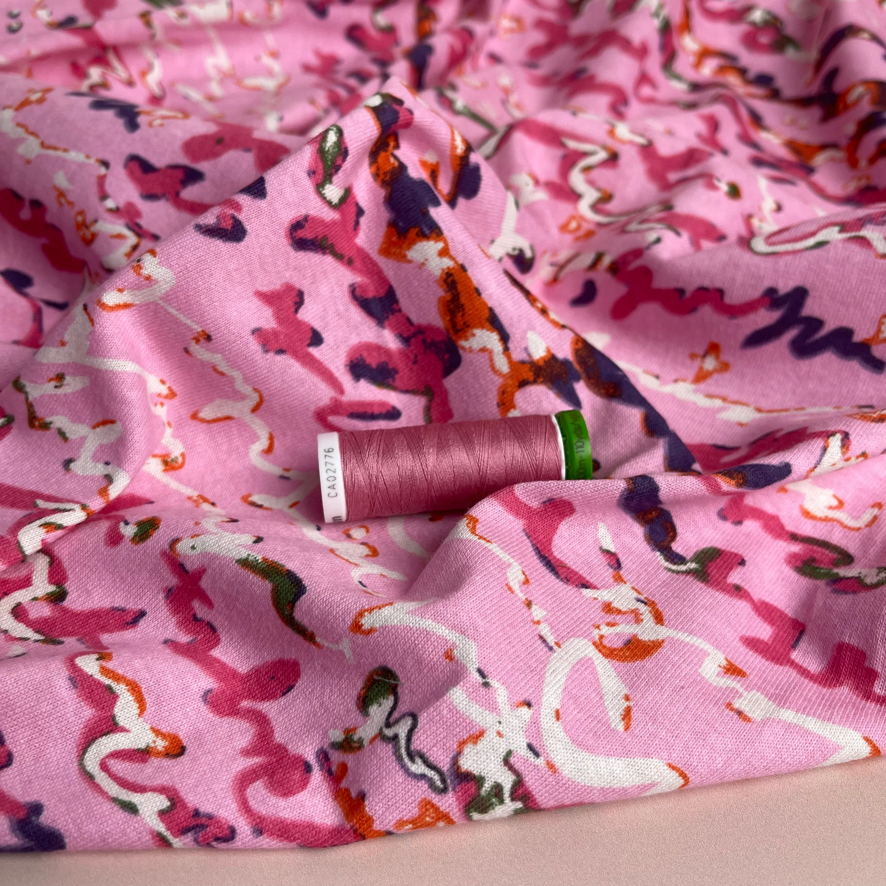 REMNANT 2.40 metres - Scribbles Pink Pure Cotton Jersey Fabric