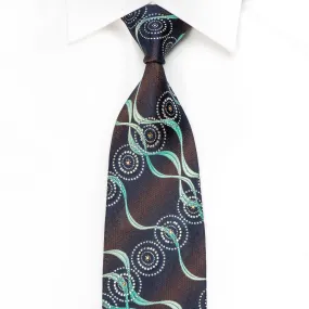Renoma Men's Crystal Silk Necktie Turquoise Waves On Brown Navy With Silver Sparkles