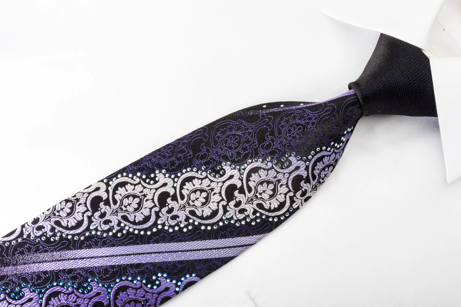 Renoma Rhinestone Silk Necktie Purple Damask On Black With Sparkles