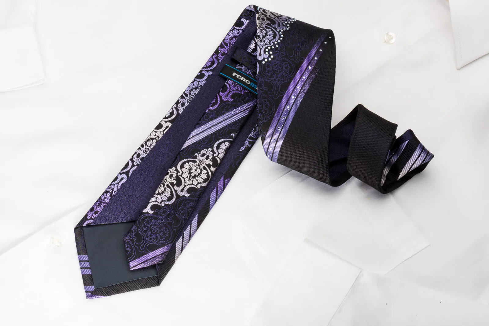 Renoma Rhinestone Silk Necktie Purple Damask On Black With Sparkles