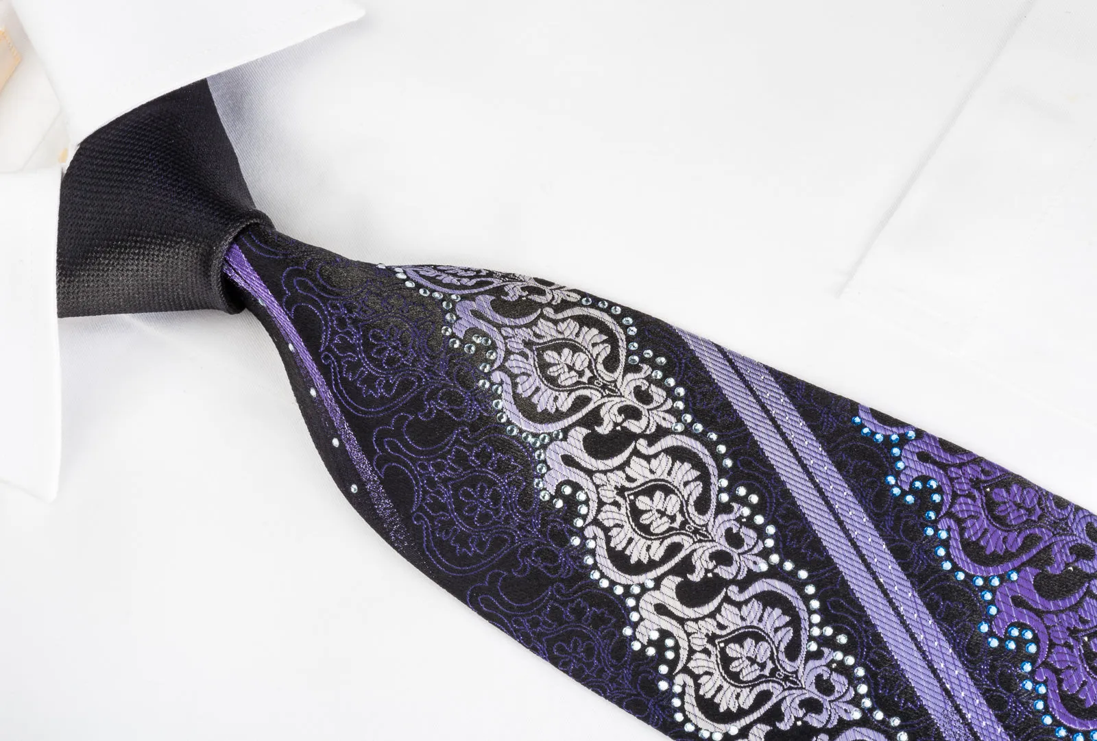 Renoma Rhinestone Silk Necktie Purple Damask On Black With Sparkles