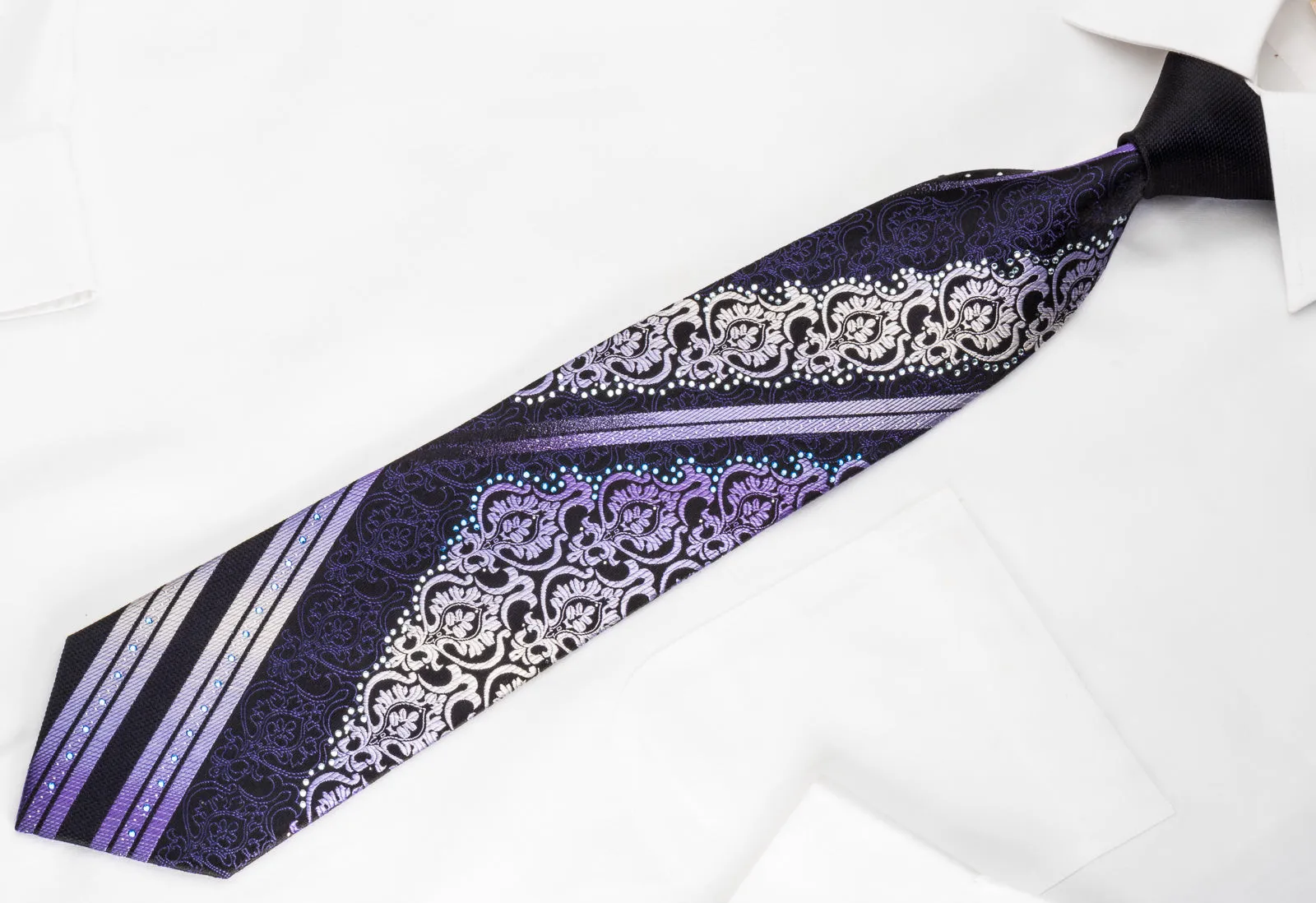 Renoma Rhinestone Silk Necktie Purple Damask On Black With Sparkles