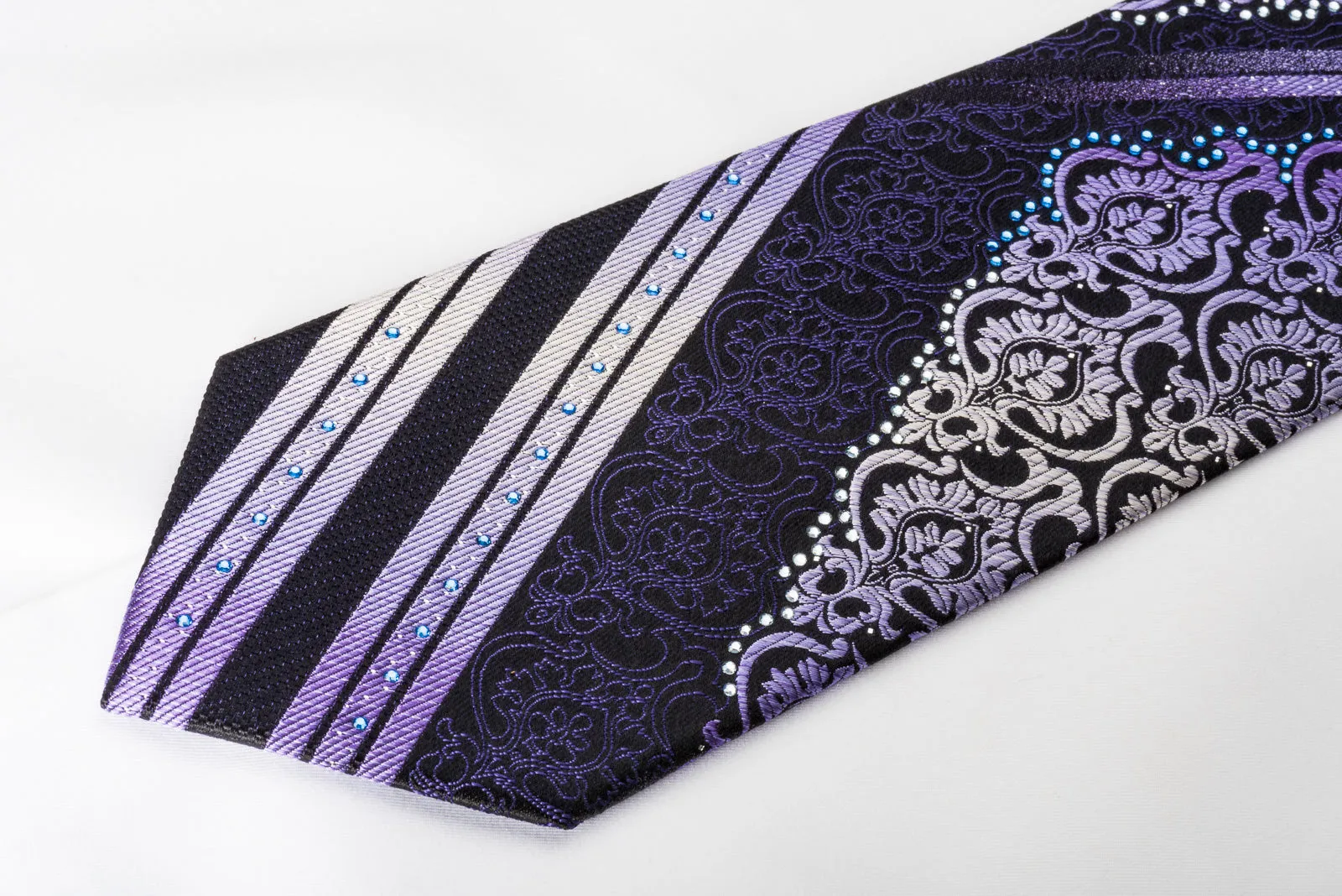 Renoma Rhinestone Silk Necktie Purple Damask On Black With Sparkles