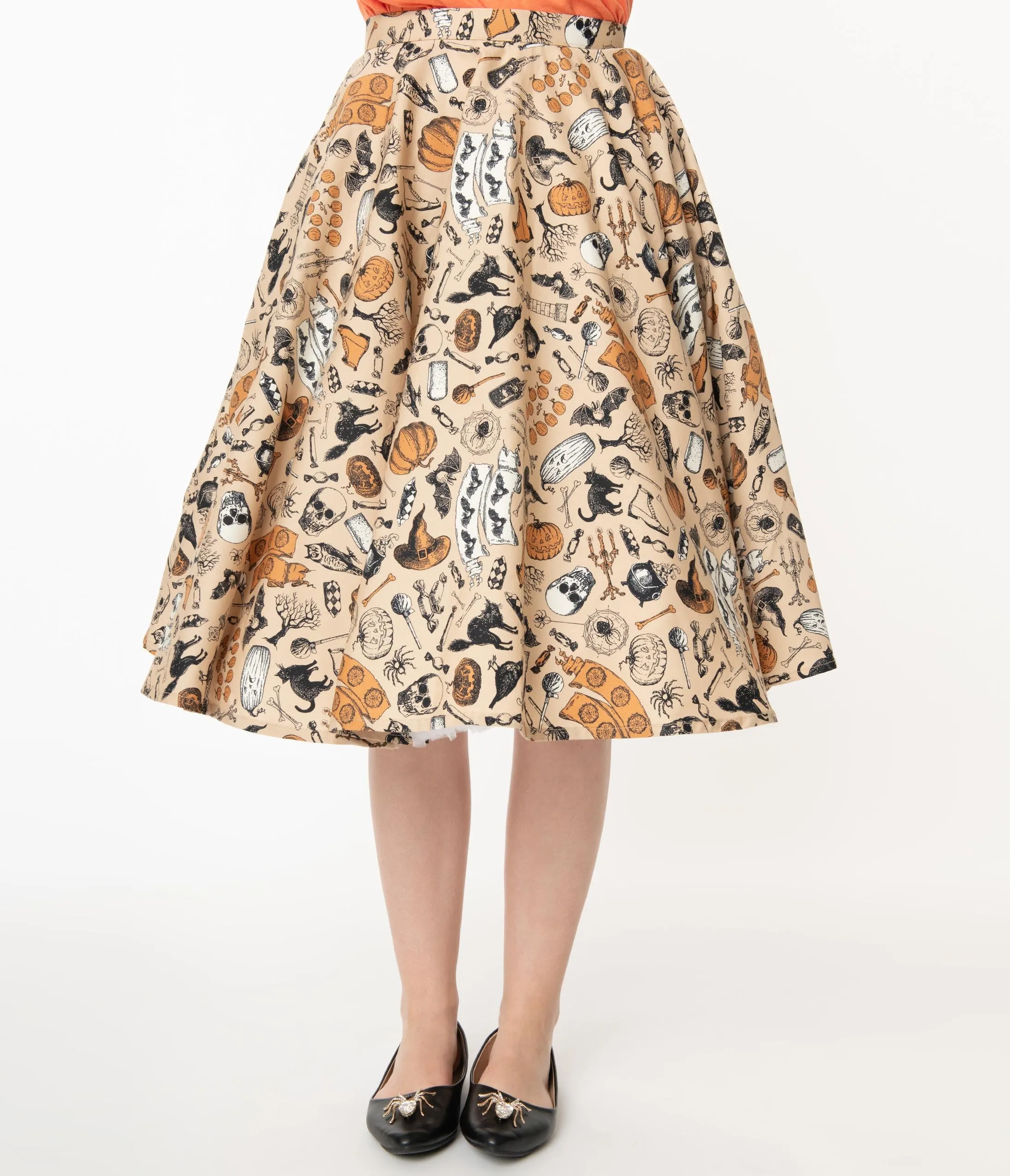 Retro Cream Halloween Print High Waist Swing Skirt
