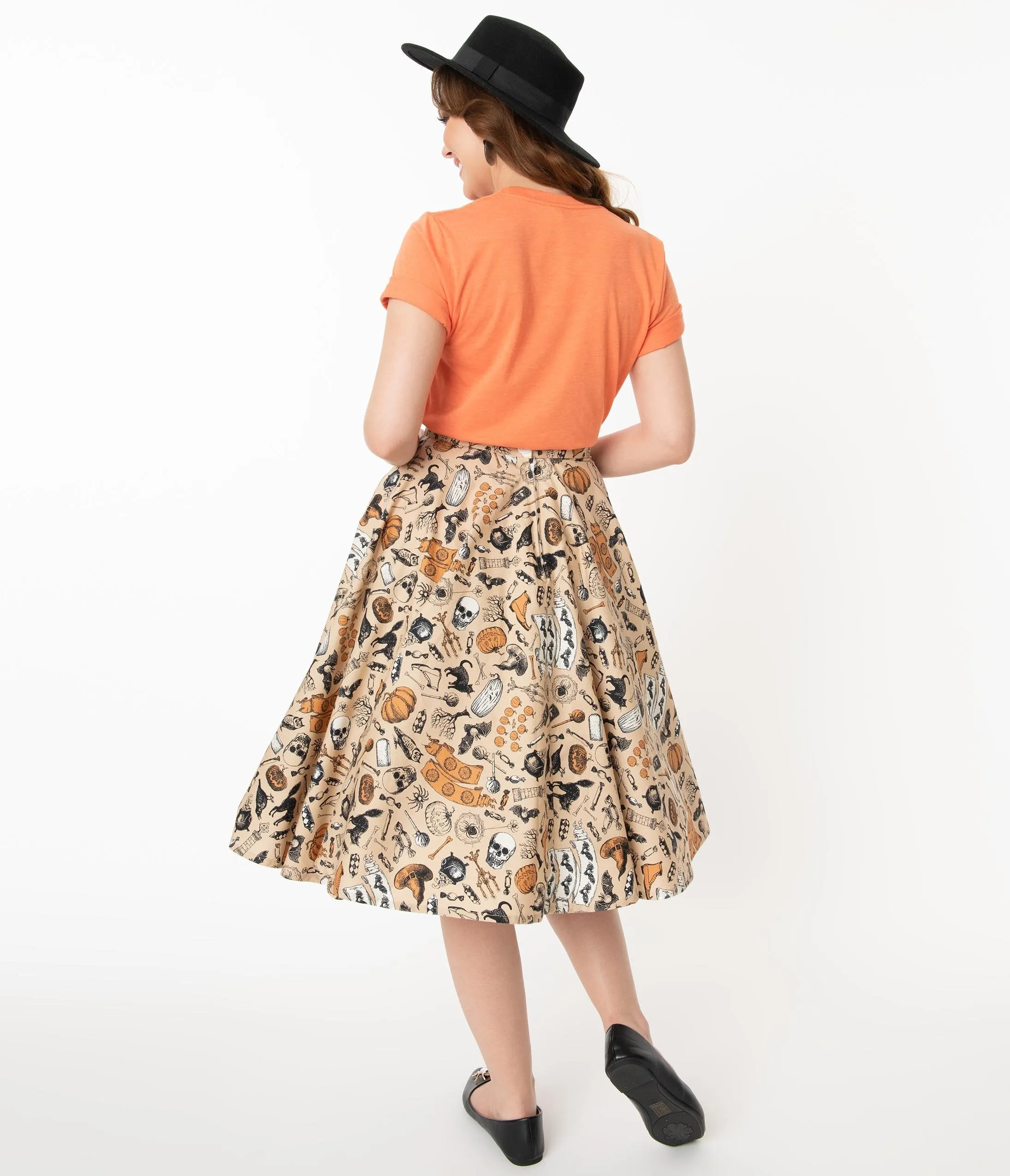 Retro Cream Halloween Print High Waist Swing Skirt
